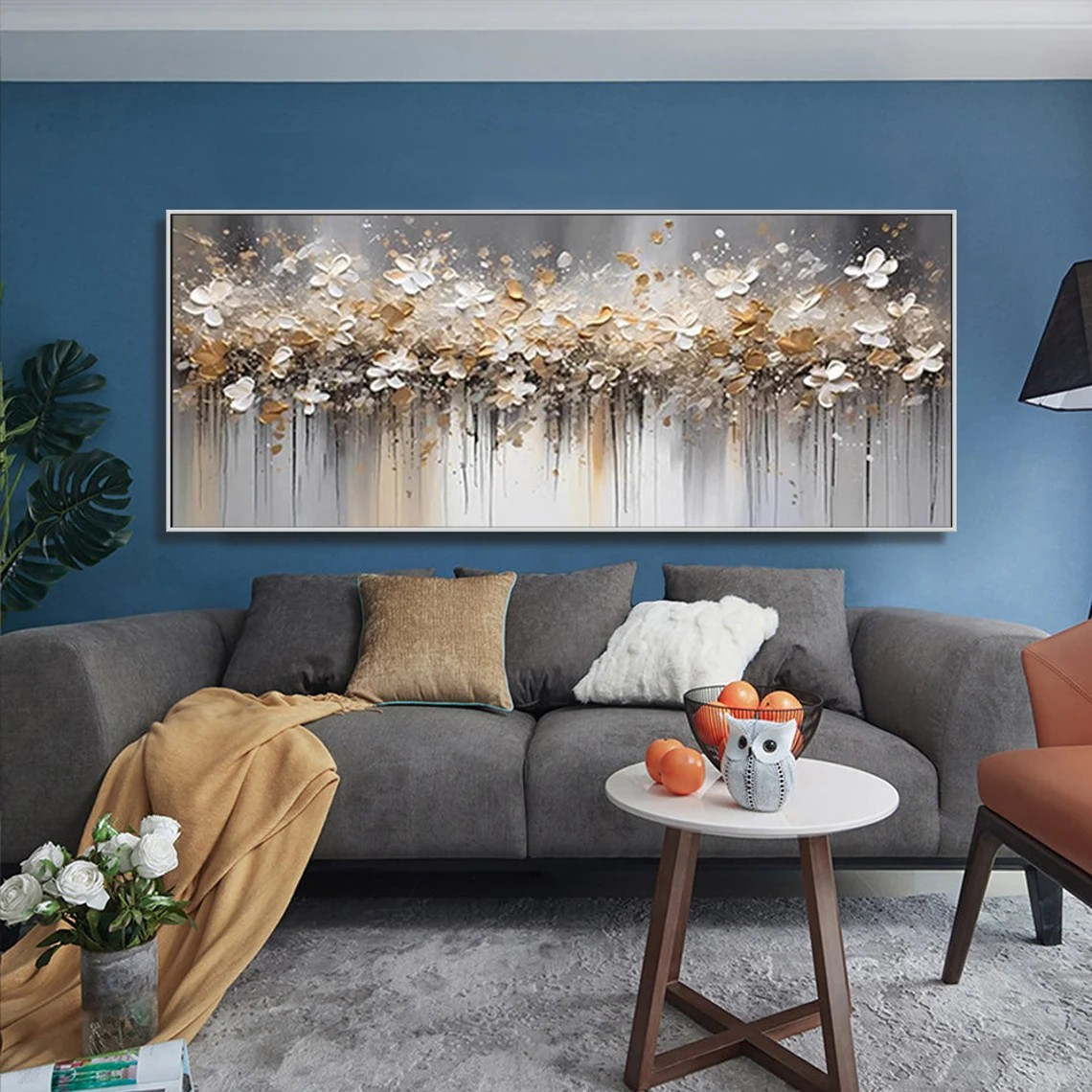 Textured Floral Abstract Oil Art - Gold Beige with Dripping #JJ 021