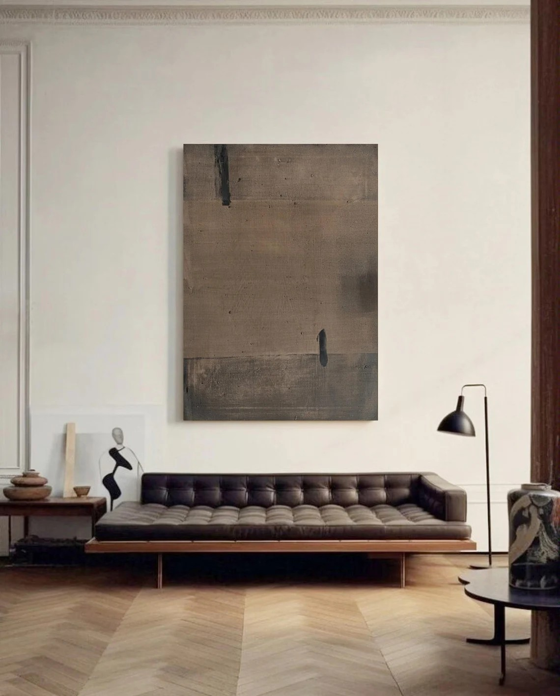 Minimalist Brown Abstract Oil Painting with Black Marks Wall Art#TC 040