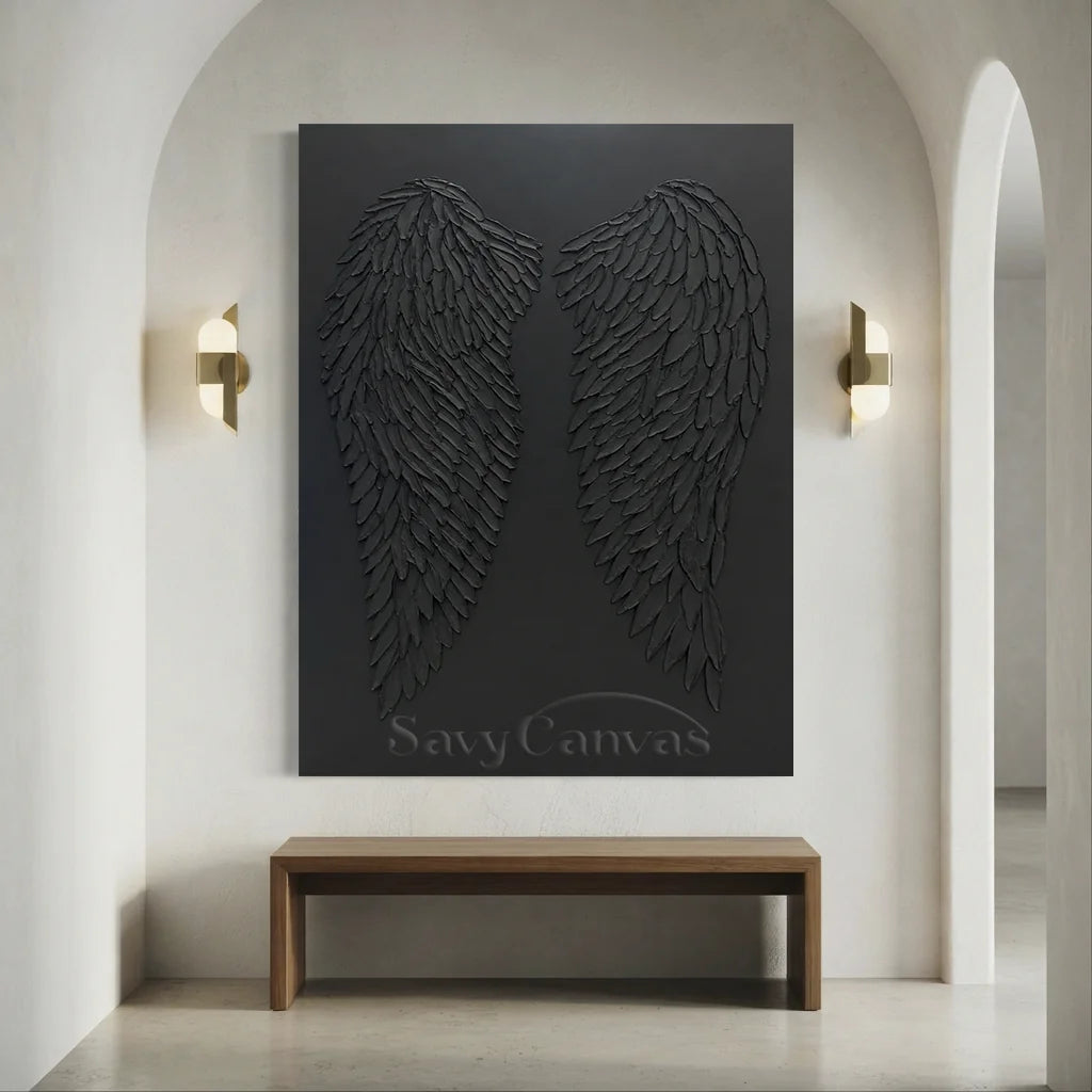 3D Black Angel Wings Wall Decor | Modern Gothic Textured Canvas #ZZ 278