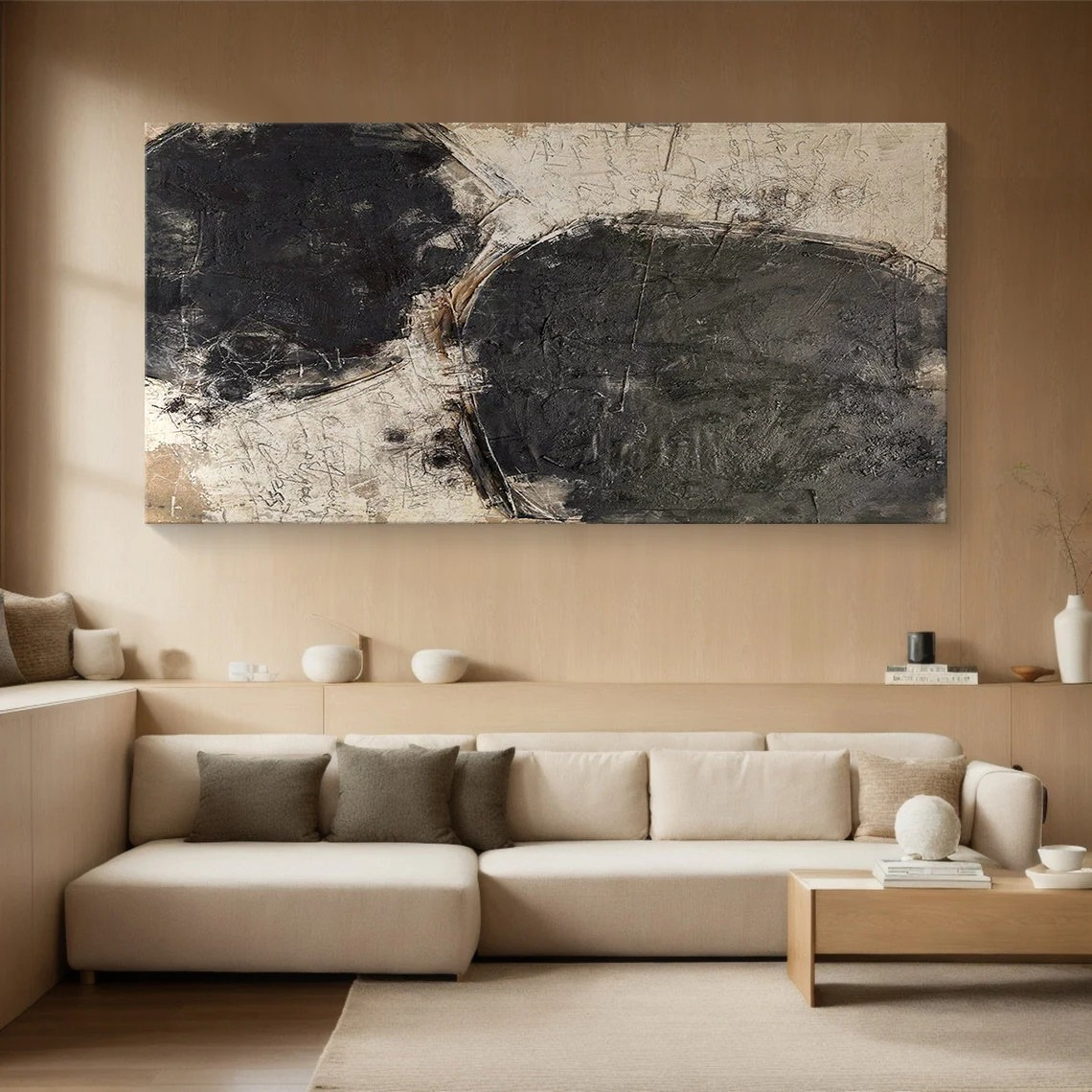 High Contrast Textured Abstract Art | Black and Beige Canvas Decor