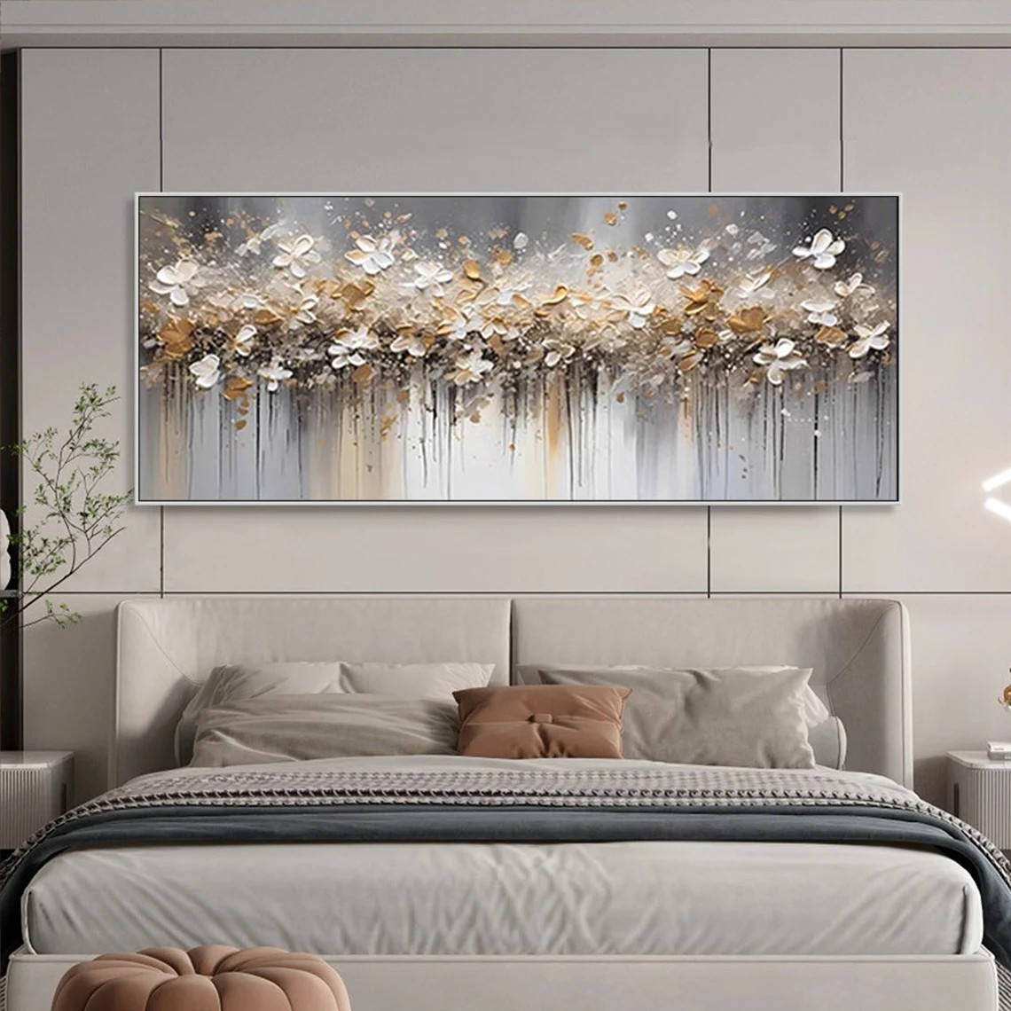 Textured Floral Abstract Oil Art - Gold Beige with Dripping #JJ 021