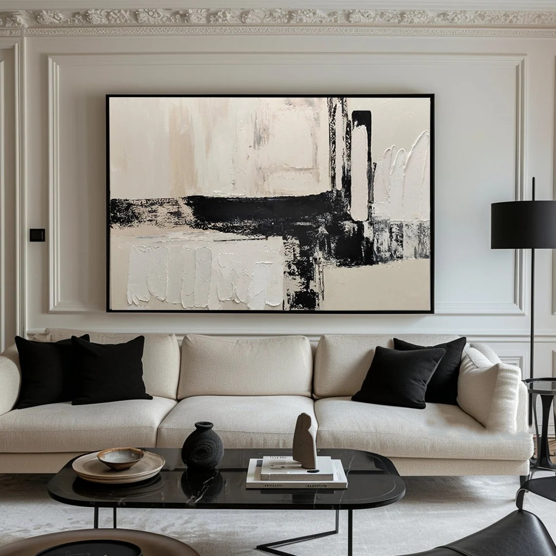 Large Abstract Black and White Textured Art #TC 107