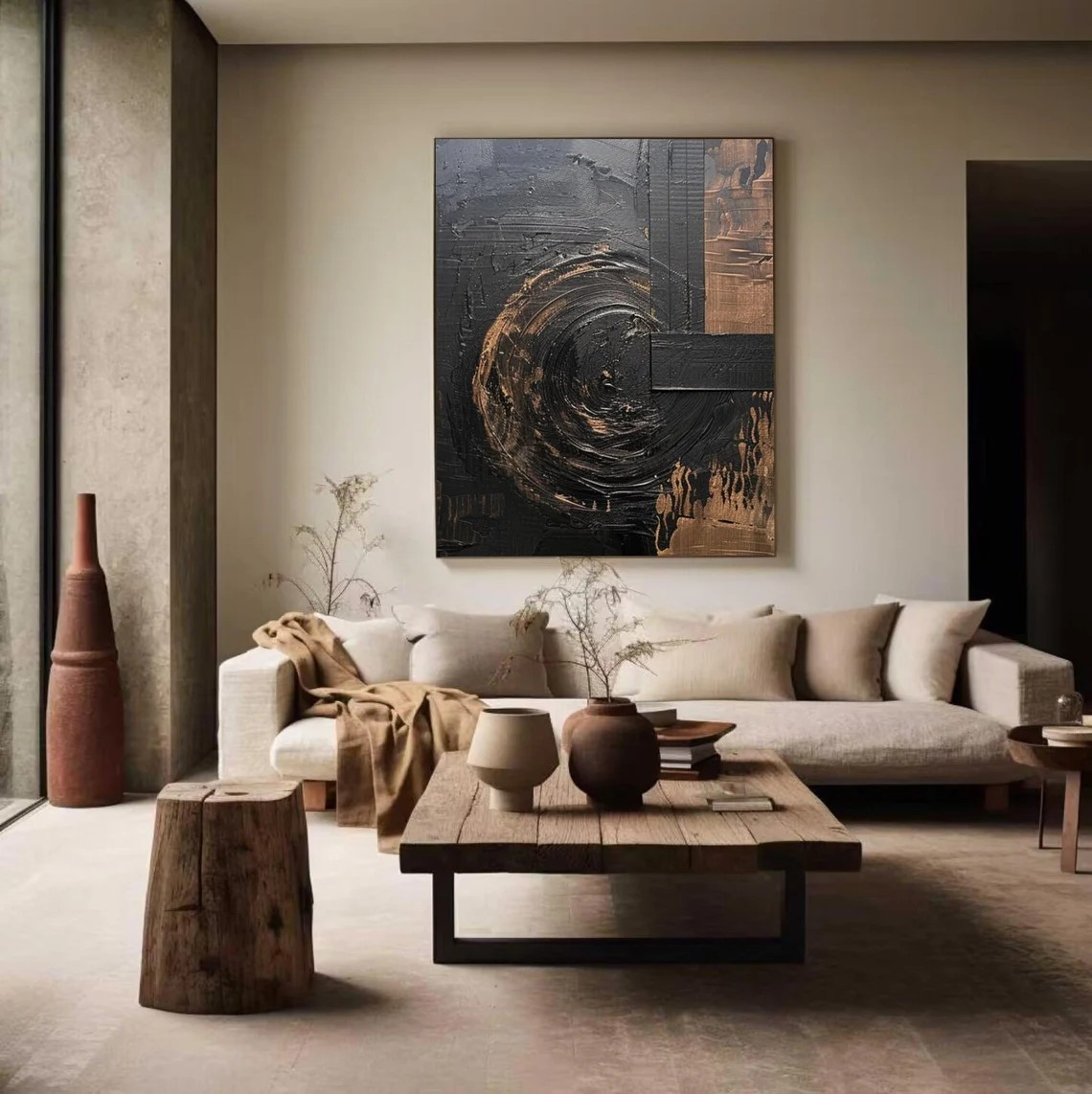 Modern 3D Effect Abstract Oil Painting | Black Theme Large Living Room Decor Artk #TC 024