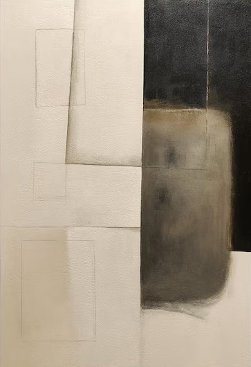Minimalist Abstract Oil Painting - Beige Black Geometric Canvas Art #JJ 001