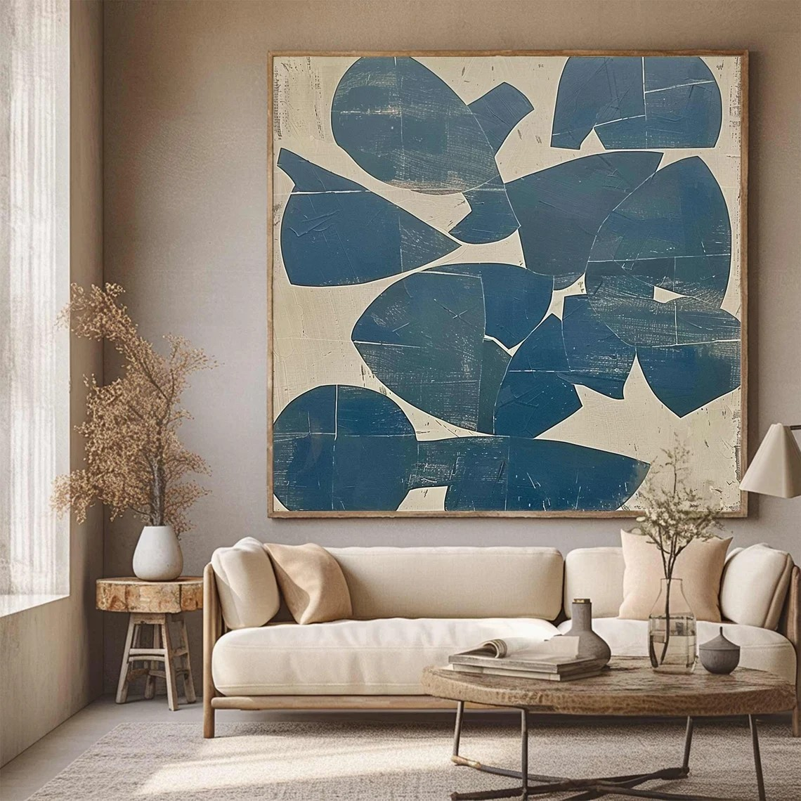 Abstract Blue Forms Oil Painting on Canvas - Modern Textured Wall Art Decor #JJ 002