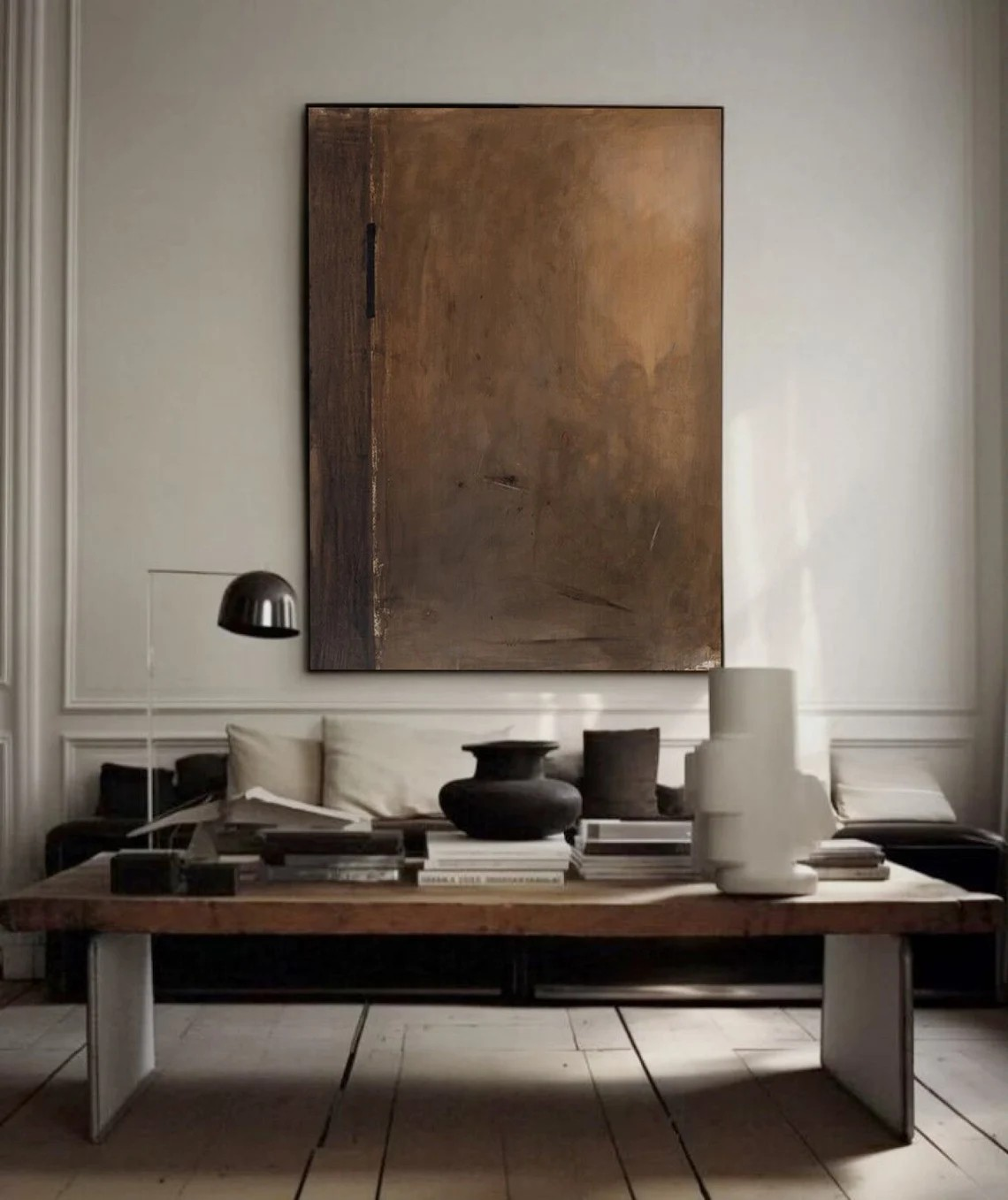 Minimalist Brown Abstract Oil Painting with Vertical Black Line Wall Art #TC 039