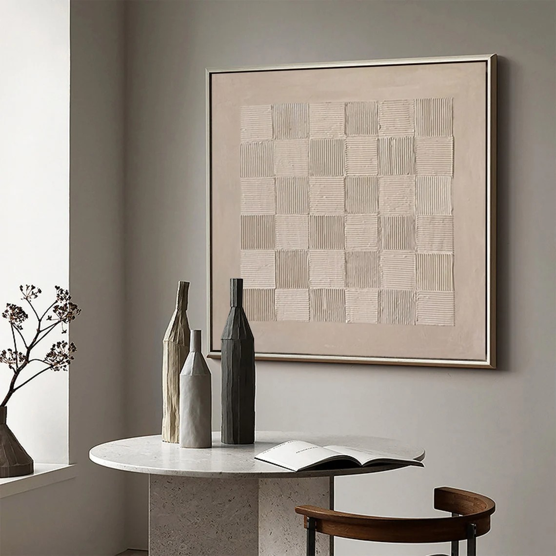 Textured Beige Abstract - Regular Grid Minimalist Living Room Art #JJ 016