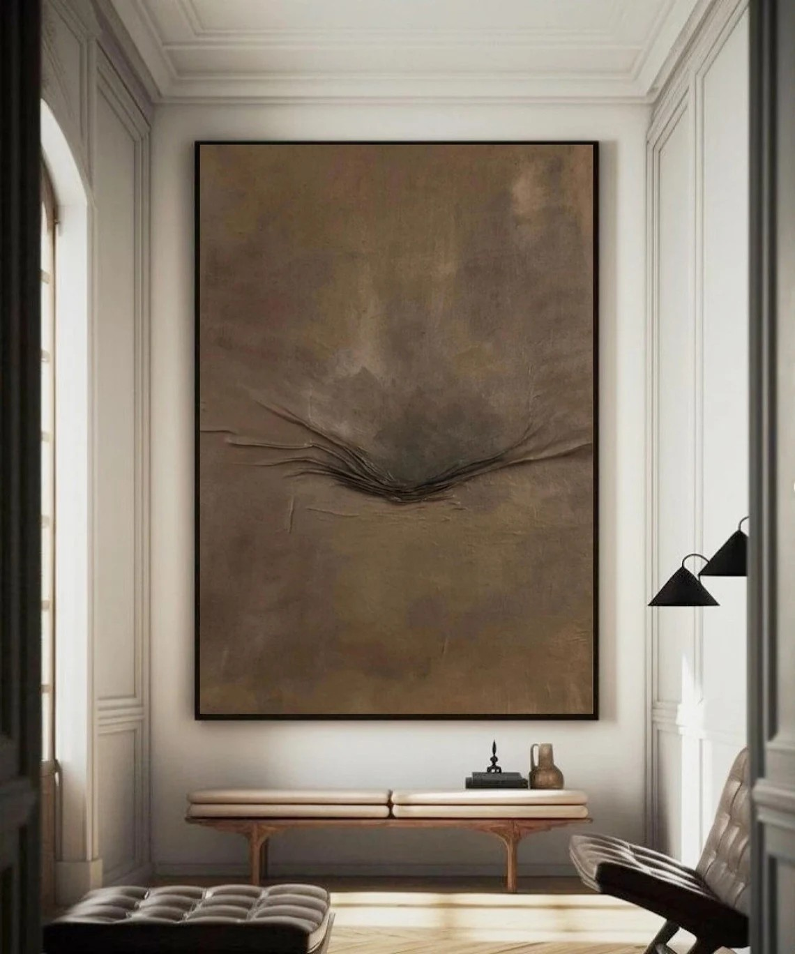 Minimalist Brown Abstract Oil Painting with Textured Center Wall Art #TC 034
