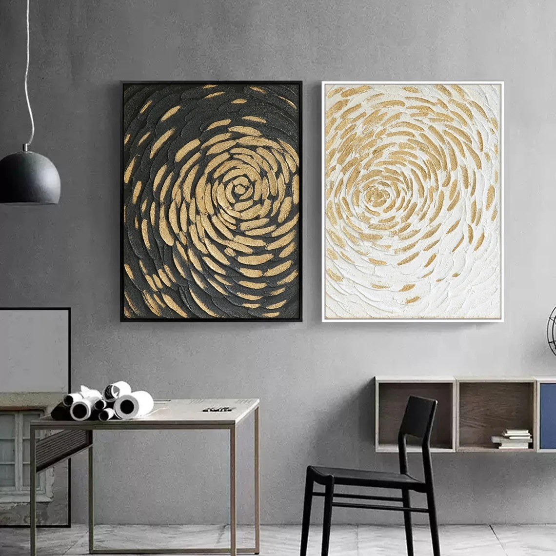Gold Swirl Textured Abstract Diptych - Black & White Art #JJ 047