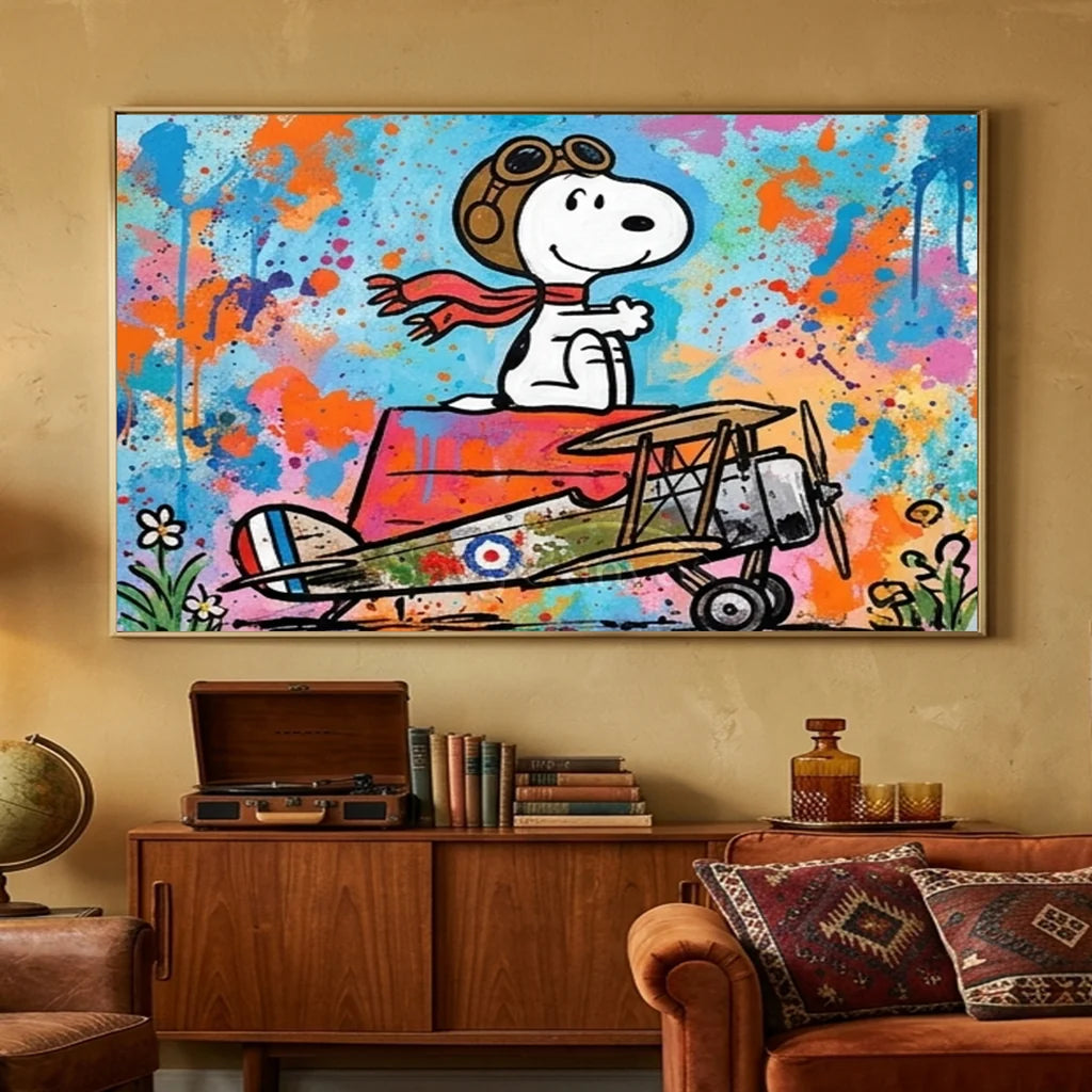 Hand-painted Pop Art oil painting of Snoopy as a pilot with an aviator cap and red scarf sitting on his doghouse with a vintage biplane on a vibrant multi-colored abstract canvas.