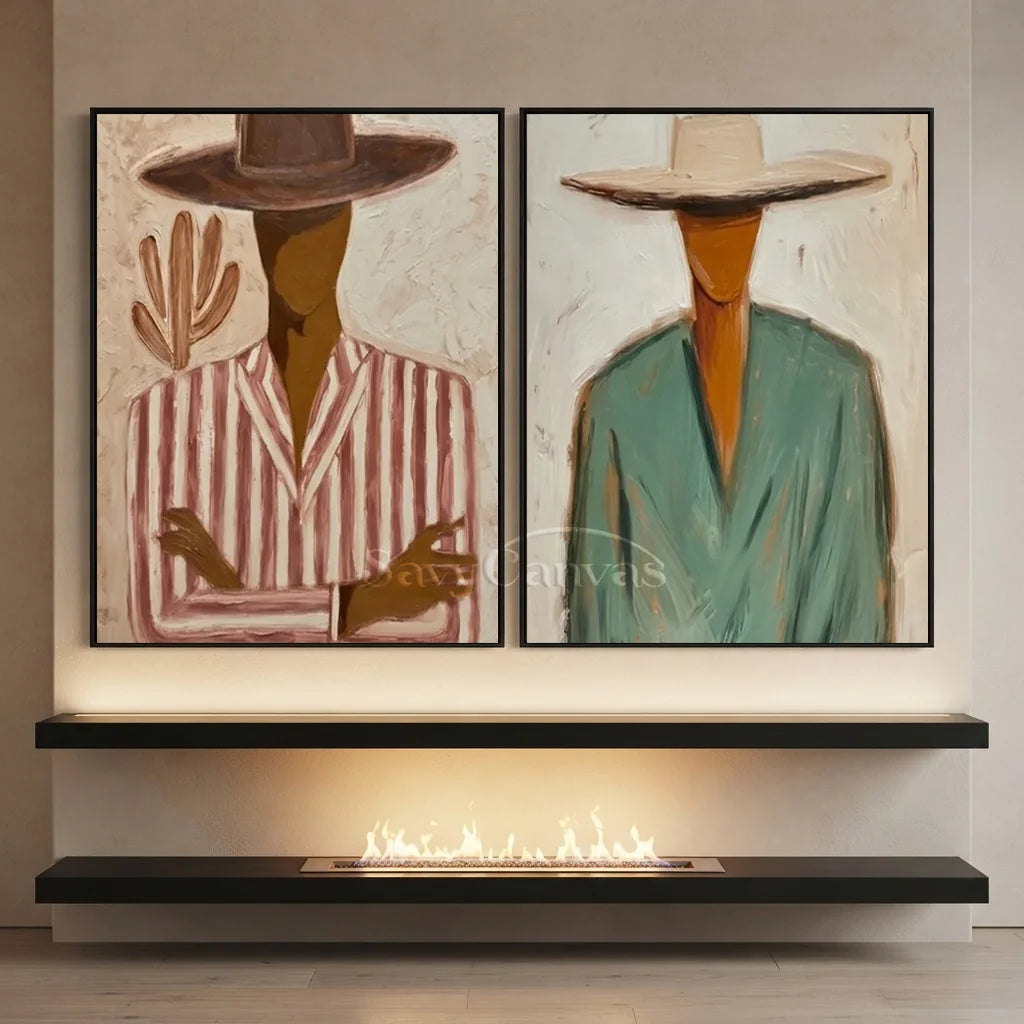 Handcrafted expressionist oil painting set in black frames featuring two panels with stylized cowboy portraits in earthy tones, ideal for modern living room wall decor.