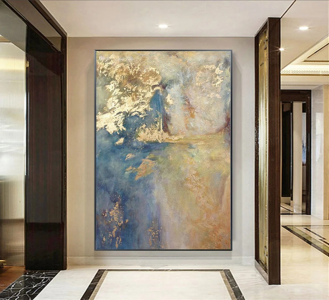 Ethereal Blue and Gold Abstract Oil Painting for Home Decor #TC 027