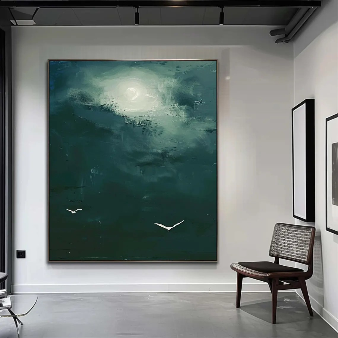 Dark Teal Abstract Oil Painting with Moon and Birds Wall Art  #TC 029