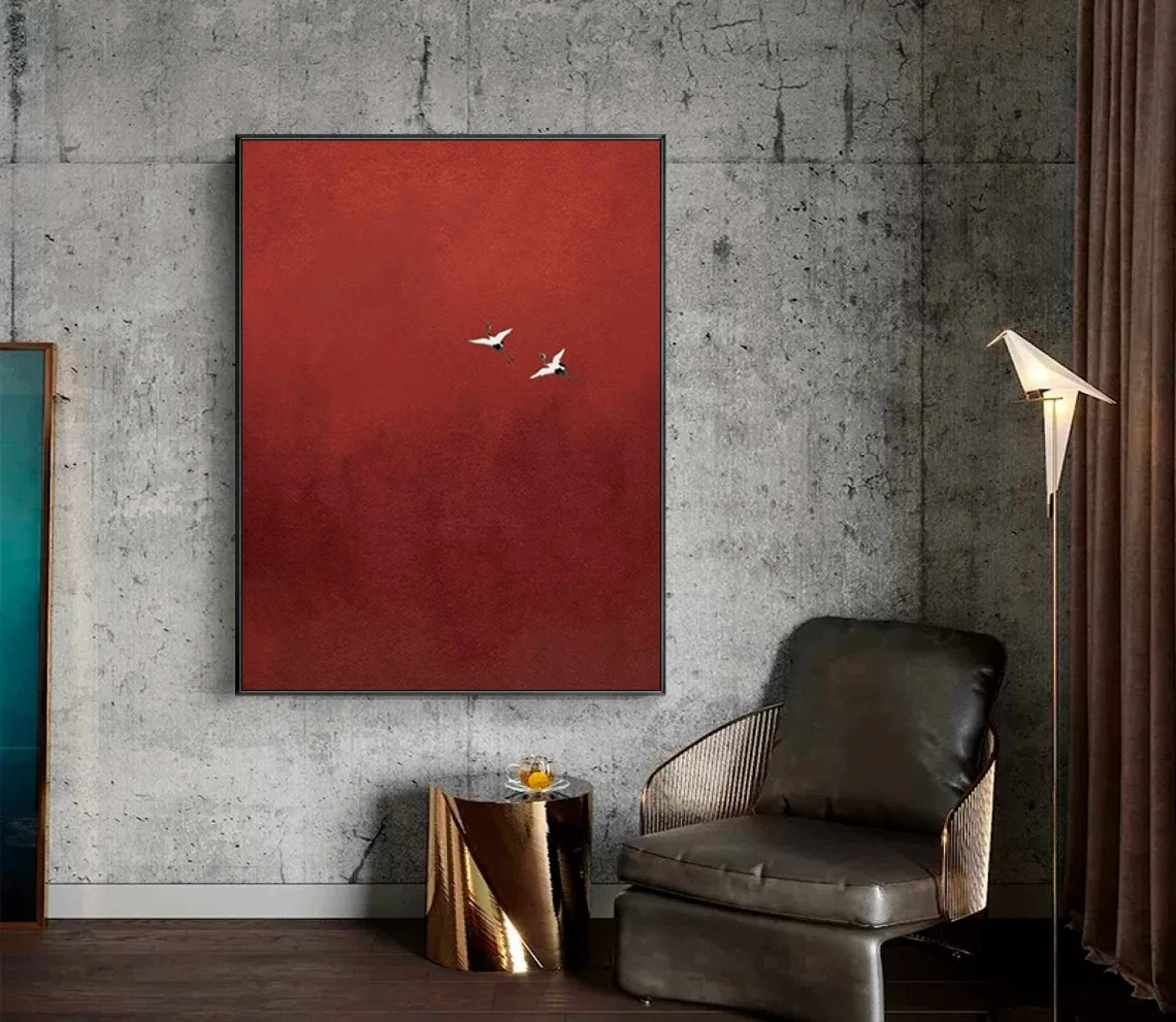 Minimalist Red Abstract Oil Painting with Flying Birds Wall Art #TC 026