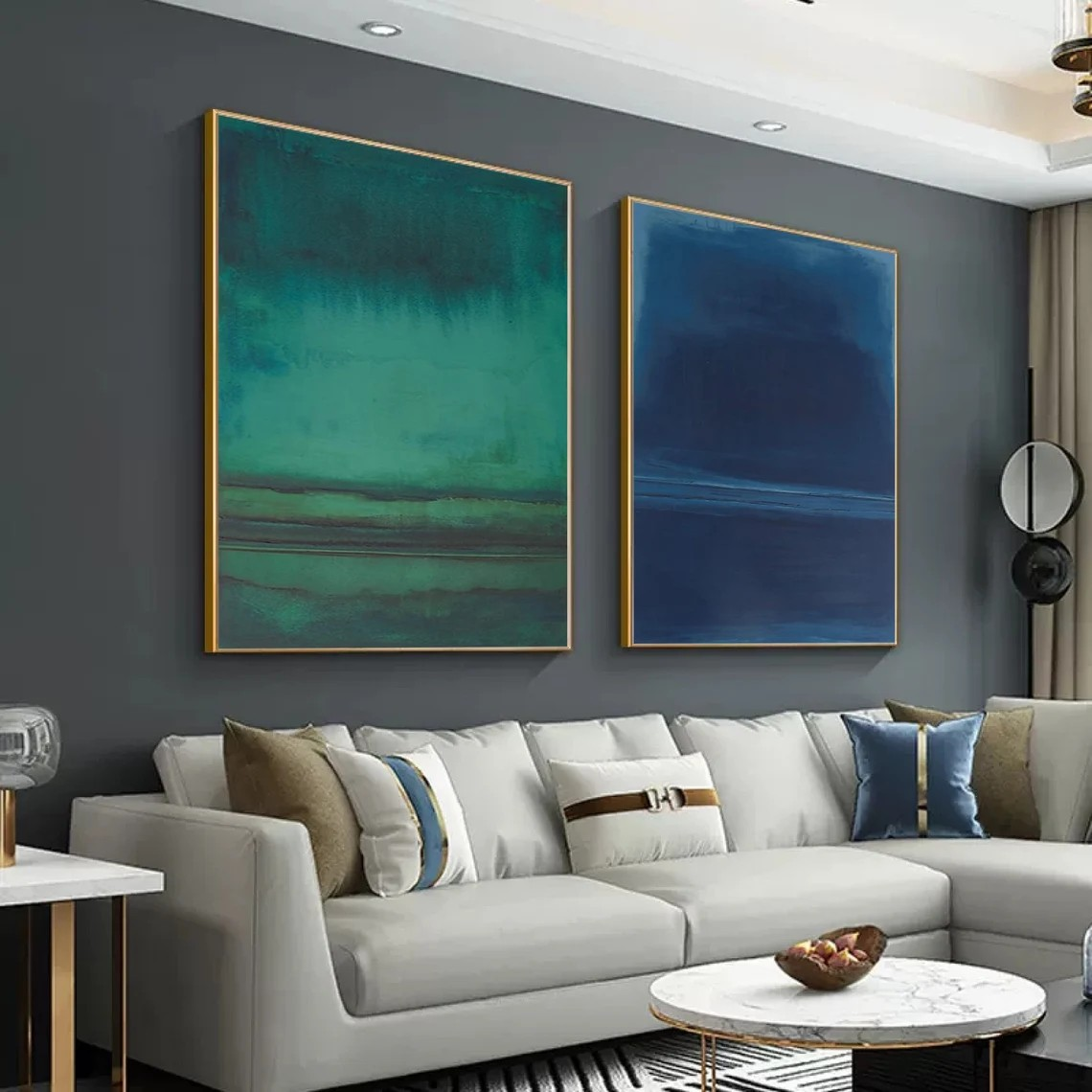 Blue & Green Diptych Abstract Oil Painting | Modern Minimalist Large Wall Art | #TC 023