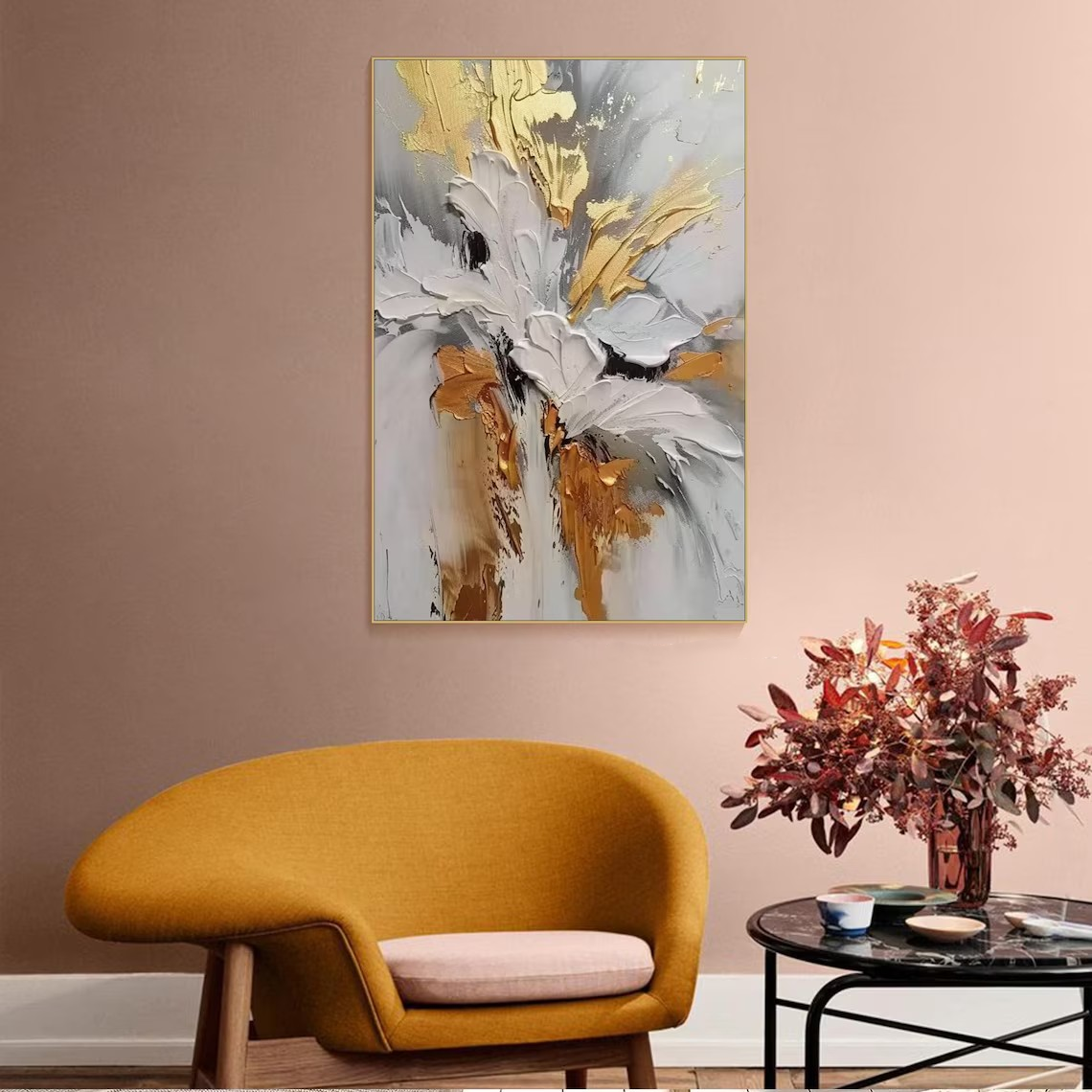 Set of 2 Textured Abstract Paintings |Gold & Grey Art #TC 102