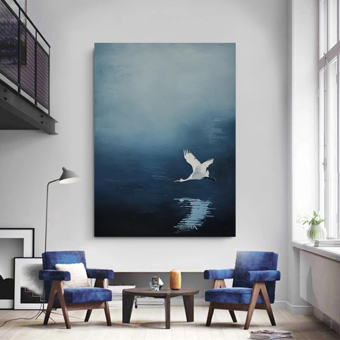 Modern Minimalist Oil Painting Blue Background with Crane Art