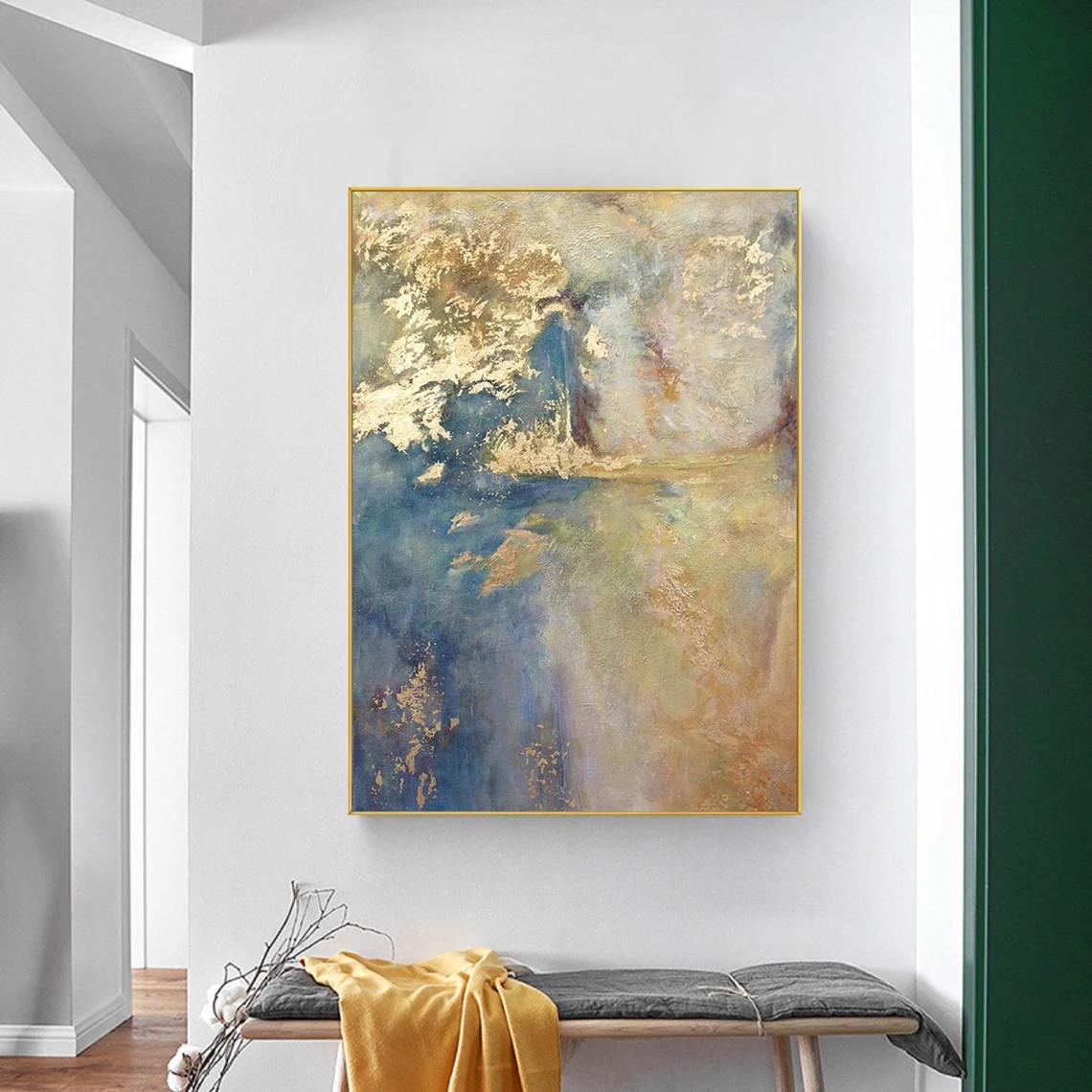 Ethereal Blue and Gold Abstract Oil Painting for Home Decor #TC 027