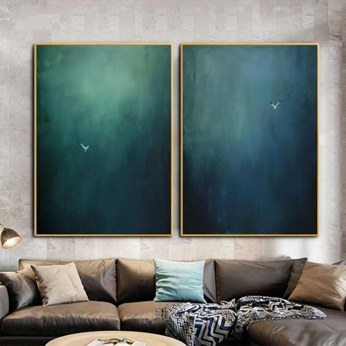 Large Abstract Oil Painting Diptych  Hand-Painted Blue Green Sky/Ocean Art | # TC 010