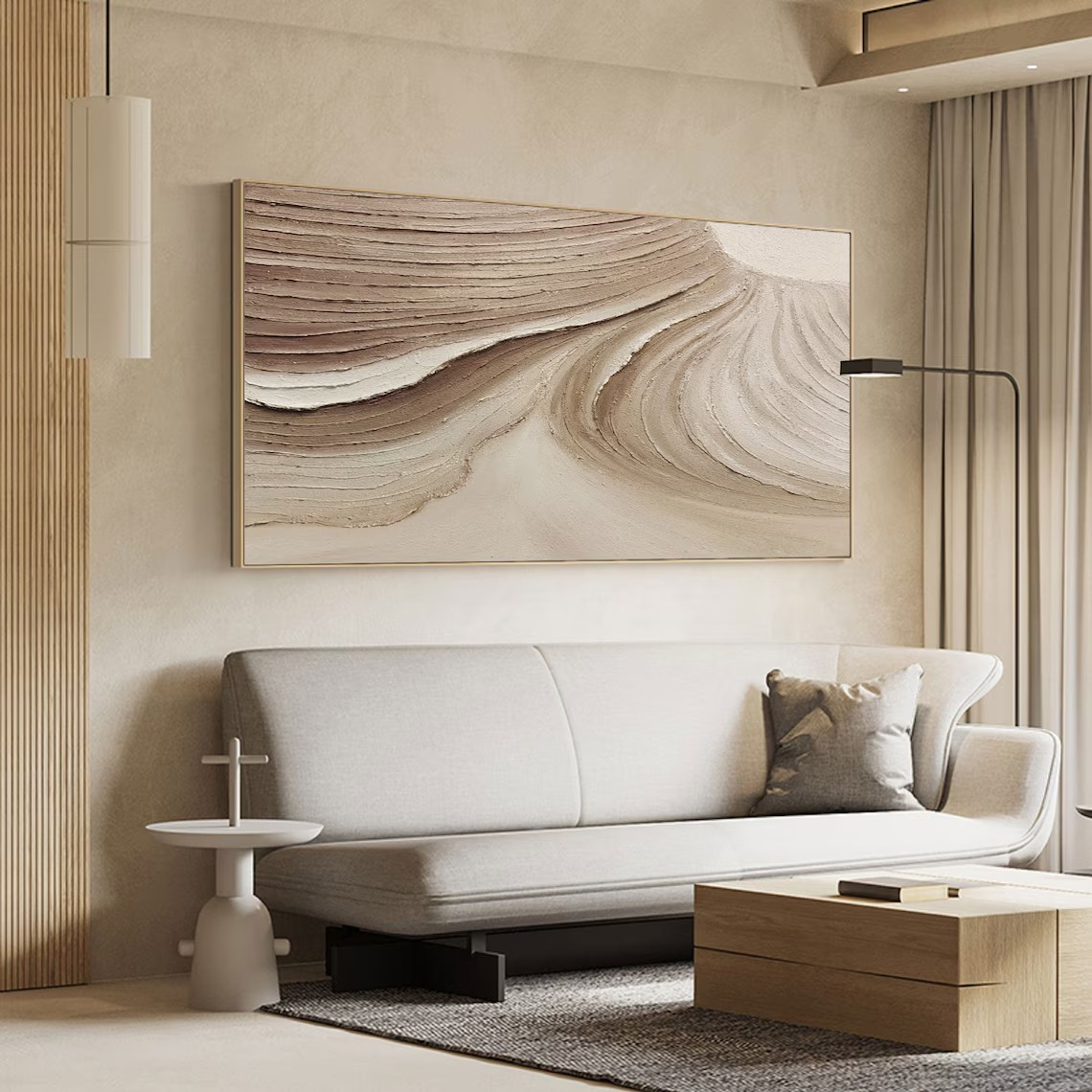 Textured Beige Abstract Oil Painting with Wave-Like Brushstrokes Wall Art #TC 036