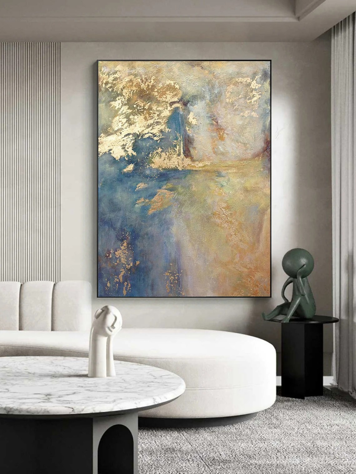 Ethereal Blue and Gold Abstract Oil Painting for Home Decor #TC 027
