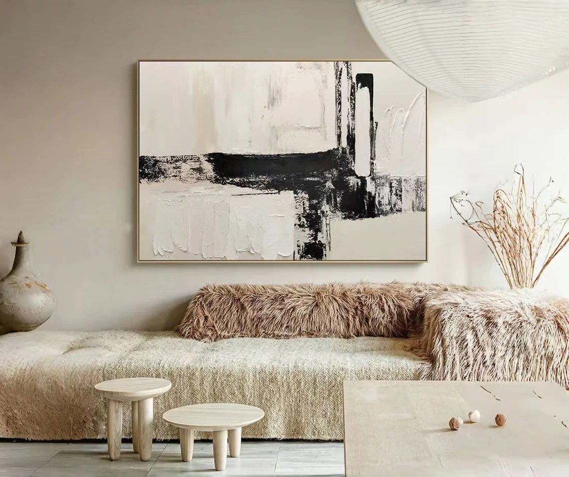 Large Abstract Black and White Textured Art #TC 107