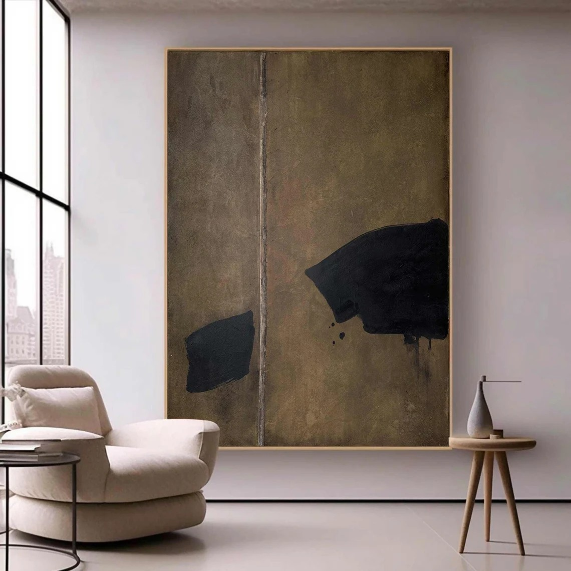 Bold Black Shapes Abstract Oil Painting - Modern Brown Wall Art