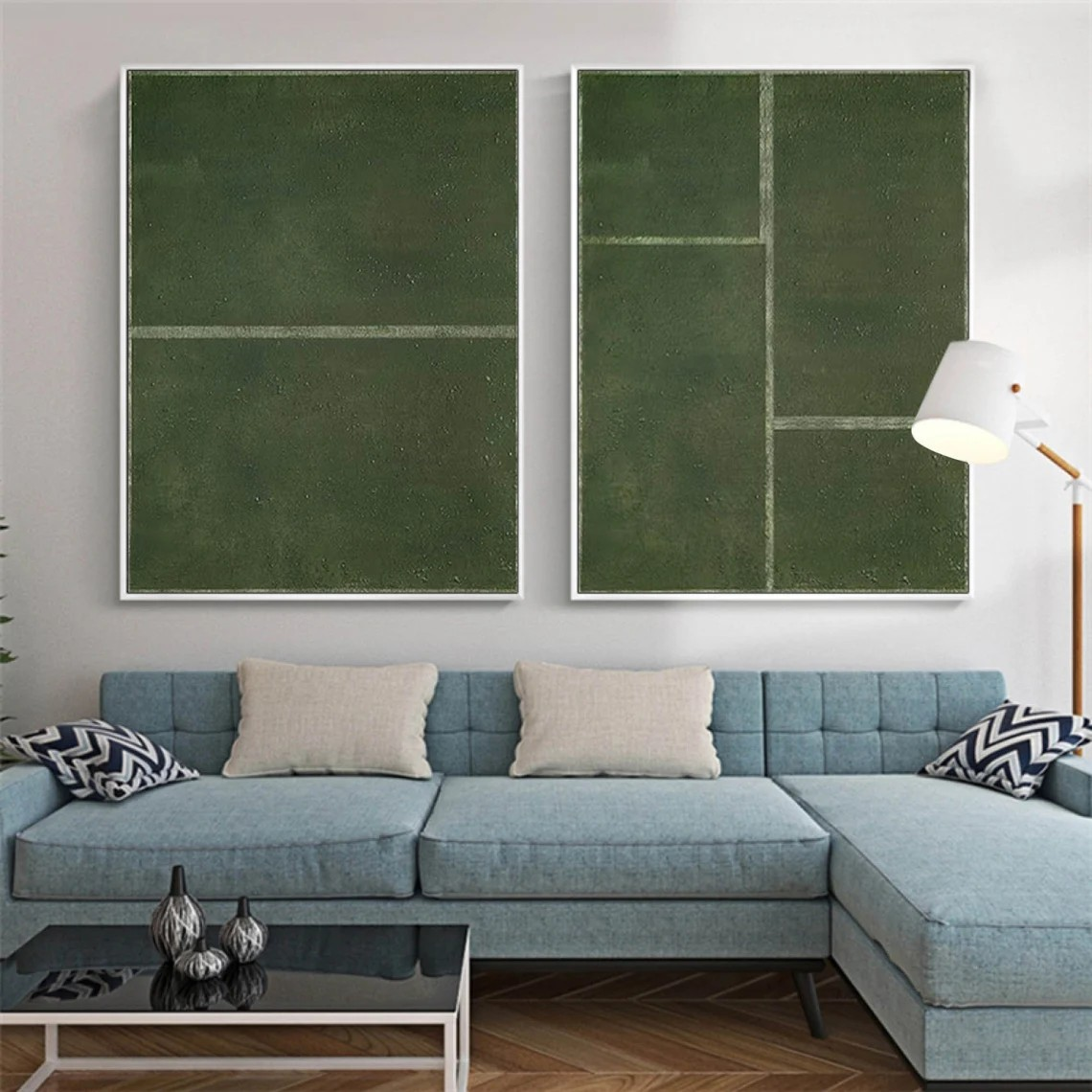 Set of 2 Large Abstract Green Oil Paintings with Geometric Design | # TC 017