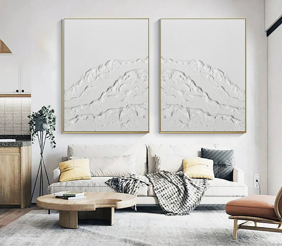 White Textured Abstract Diptych - Minimalist Landscape Art #JJ 026