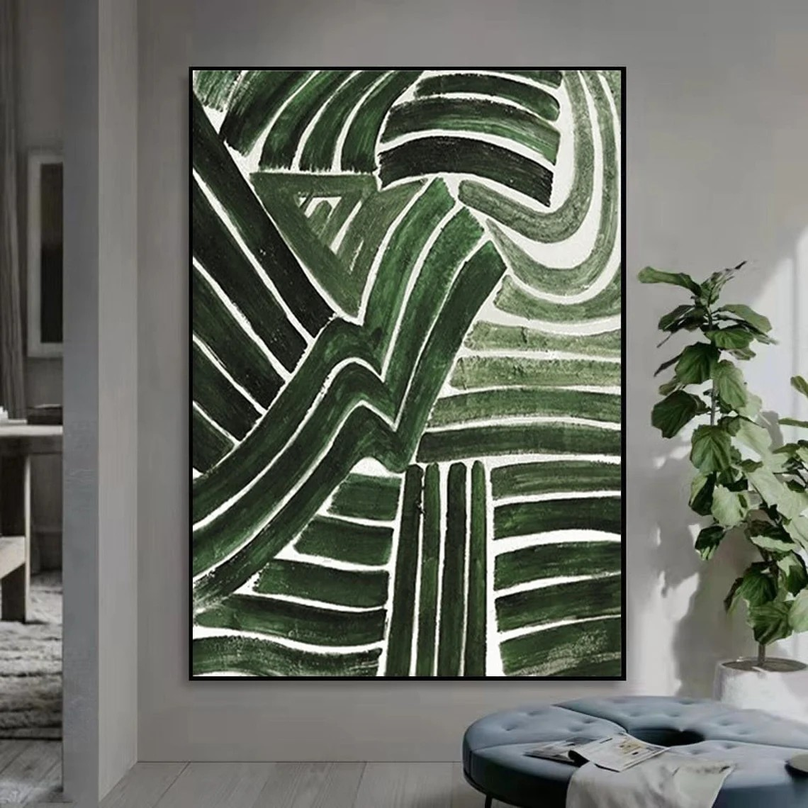 Handmade Green Abstract Art with Dynamic Brushstrokes Wall Decor #TC 032