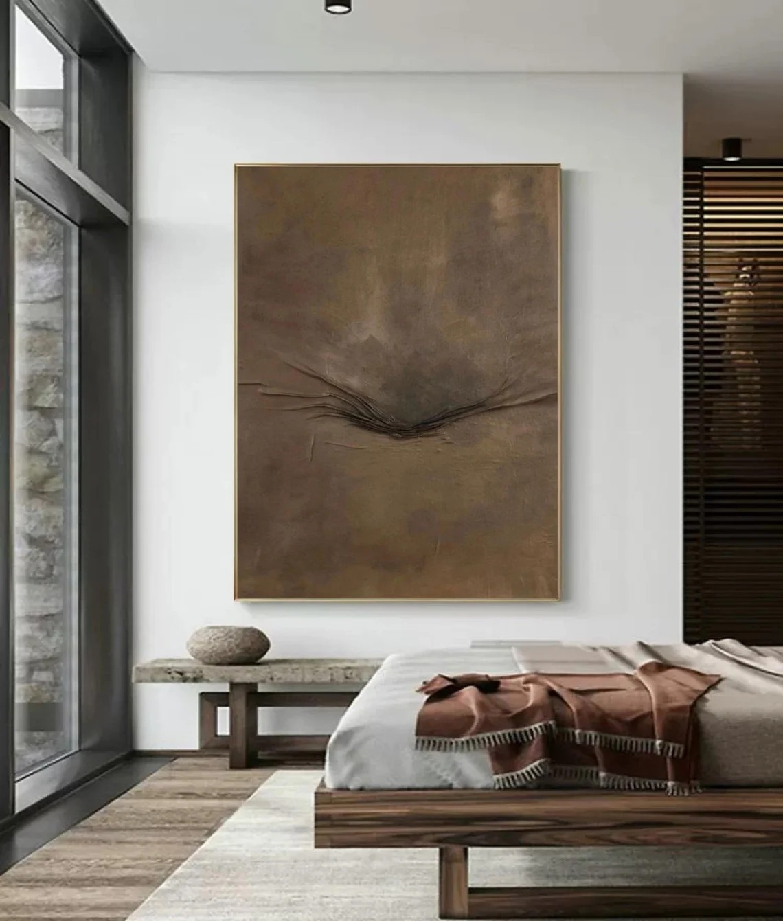 Minimalist Brown Abstract Oil Painting with Textured Center Wall Art #TC 034