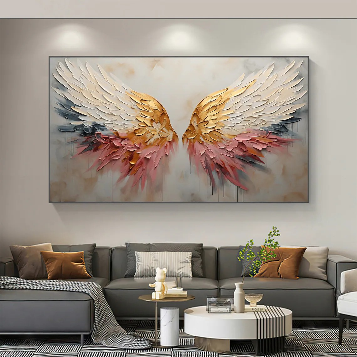 Textured Angel Wings Abstract Oil Painting - Gold & Peach Art #JJ 031
