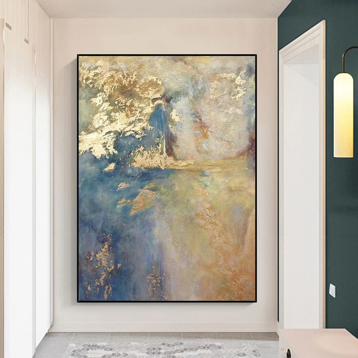 Ethereal Blue and Gold Abstract Oil Painting for Home Decor #TC 027