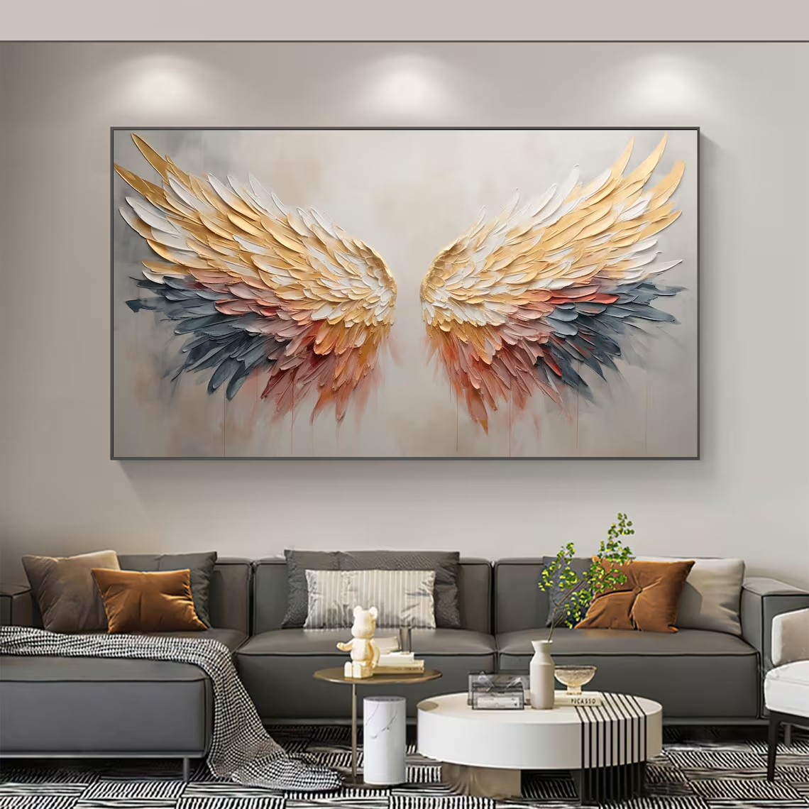 Textured Abstract Oil Painting - Gold Angel Wings with Detail