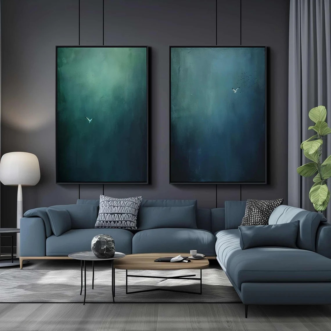 Large Abstract Oil Painting Diptych Hand-Painted Blue Green Sky/Ocean Art | # TC 010