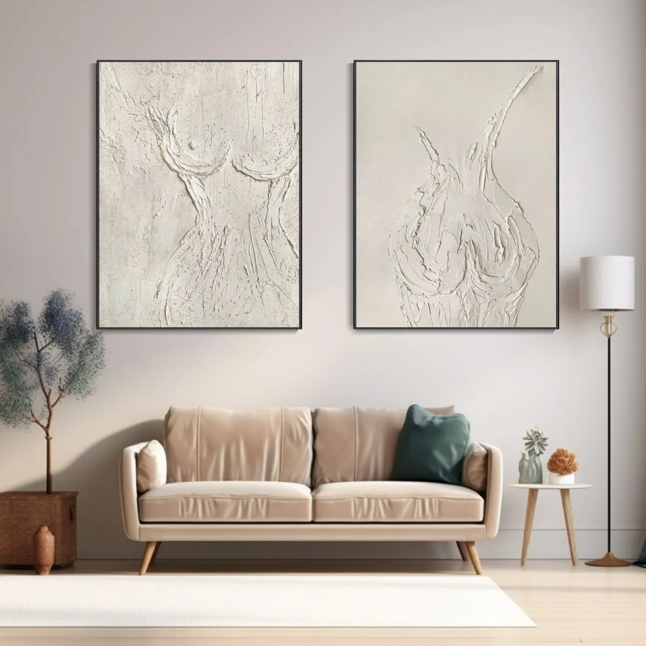 Large White Textured Wall Art Diptych | Abstract Figurative Paintings