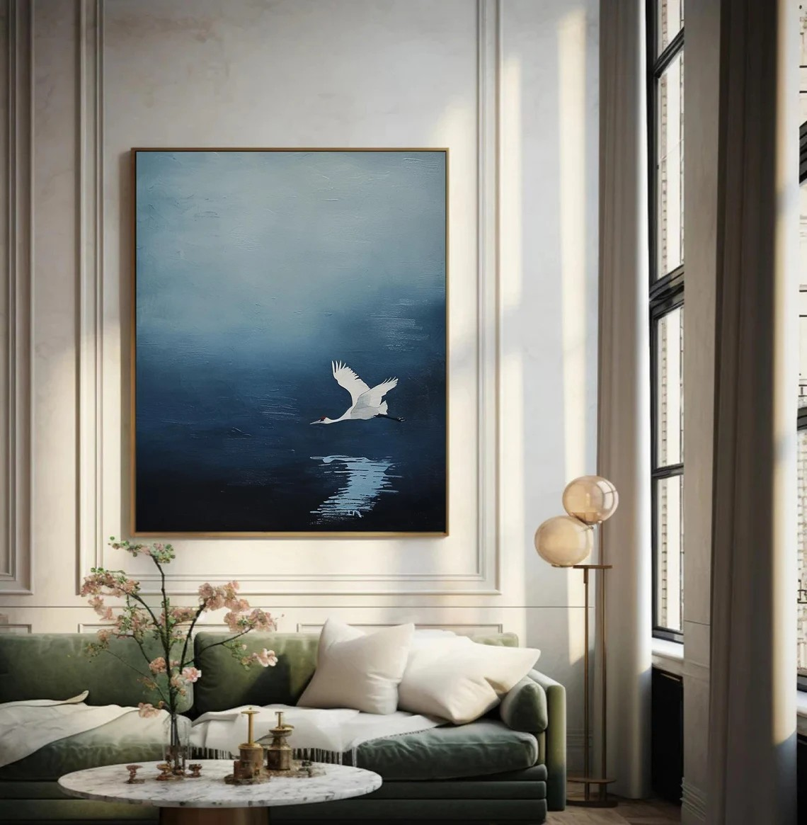 Handmade Blue Abstract Oil Painting with Crane Modern Decor  #TC 030