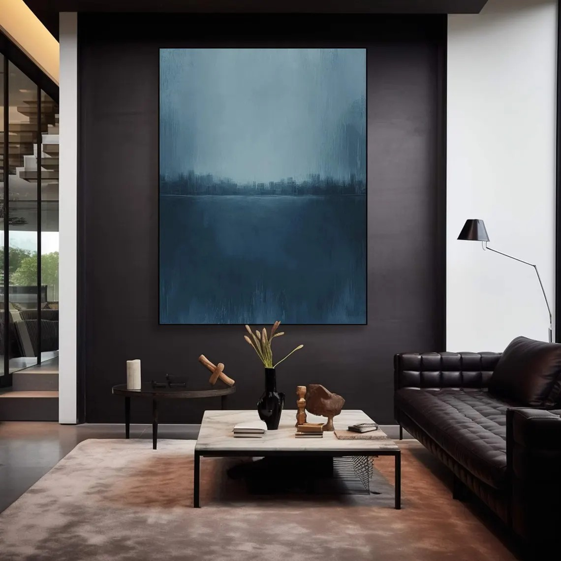Abstract Blue Oil Painting with Subtle Cityscape for Modern Living Spaces