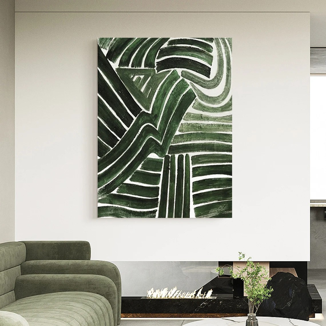 Handmade Green Abstract Art with Dynamic Brushstrokes Wall Decor #TC 032