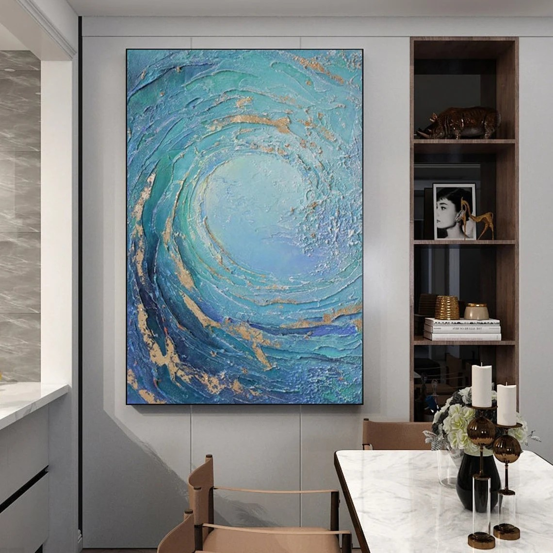 Abstract Ocean Wave Oil Painting, Blue and Gold Textured Wall Art #TC 068