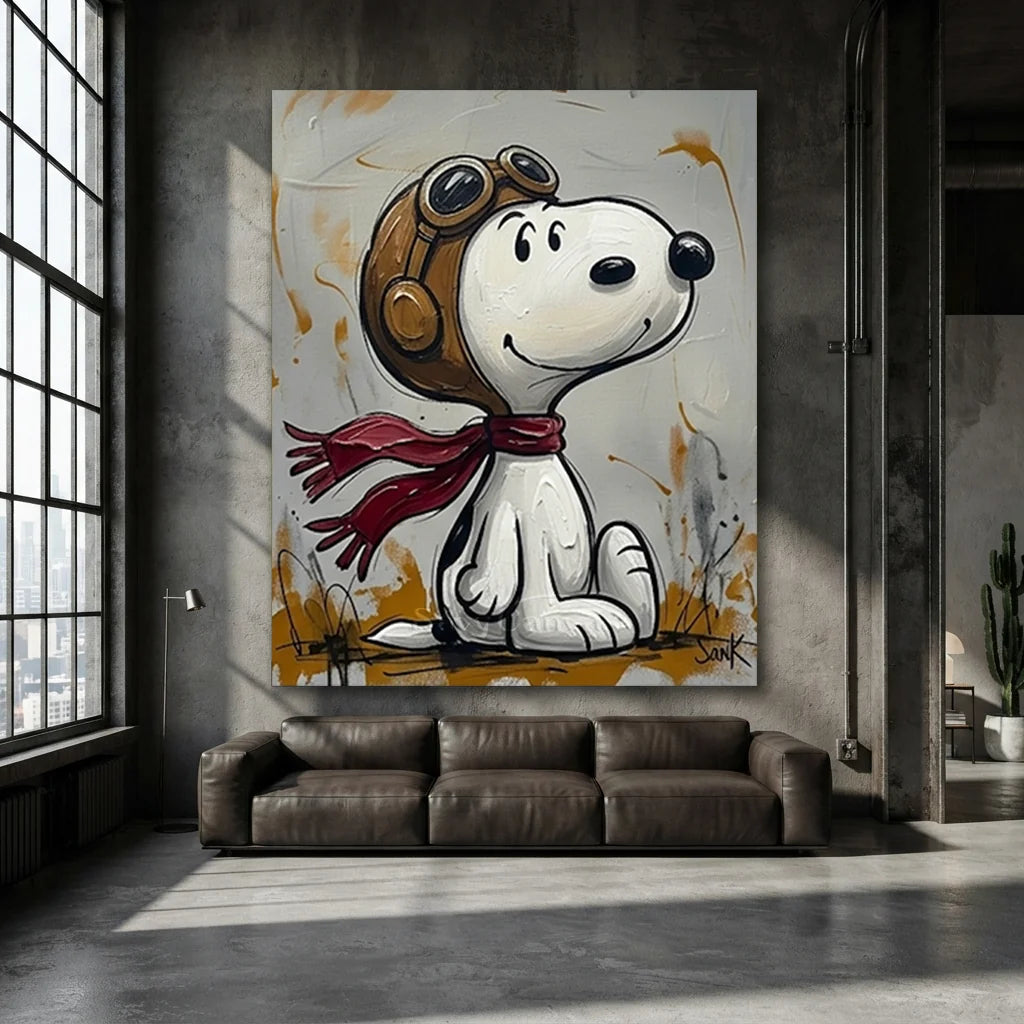Hand-painted pop art Snoopy oil painting wearing an aviator hat and red scarf for modern kids room and living room wall decor.