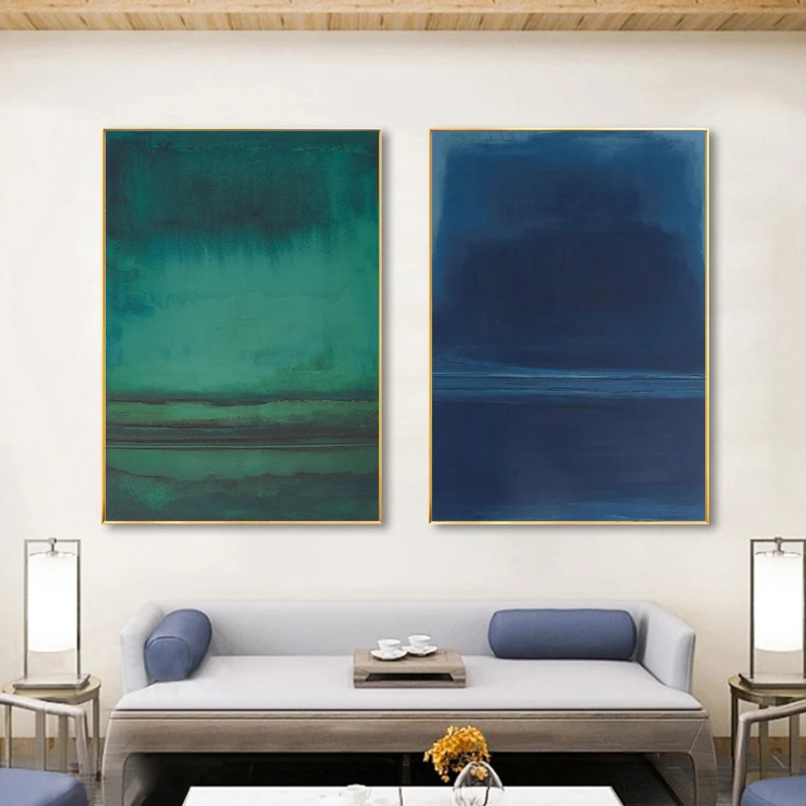 Blue & Green Diptych Abstract Oil Painting | Modern Minimalist Large Wall Art | #TC 023