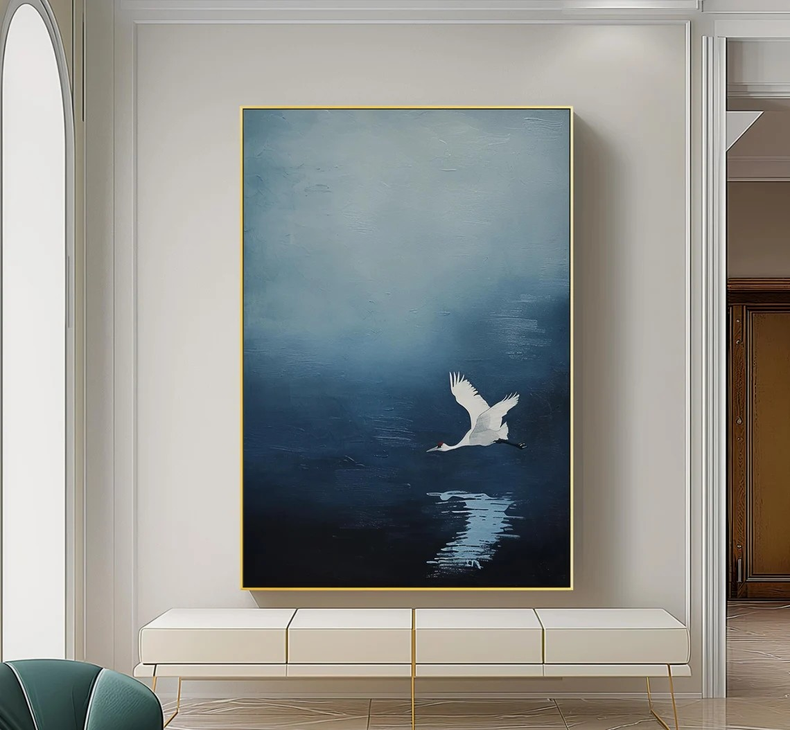 Handmade Blue Abstract Oil Painting with Crane Modern Decor  #TC 030