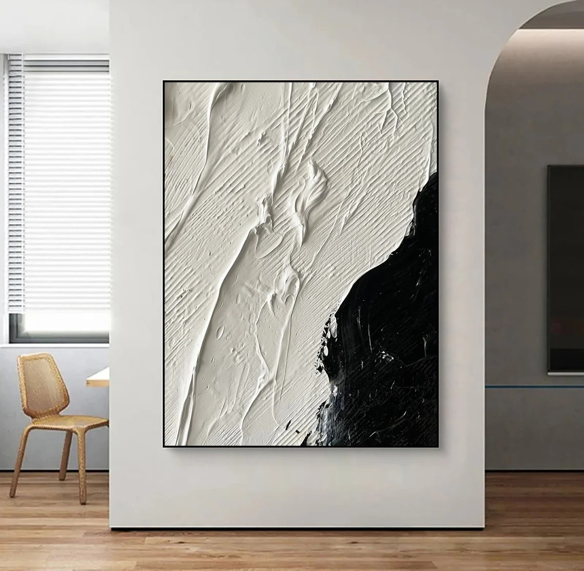 Modern Minimalist Black & White Abstract - Textured Canvas #JJ 025