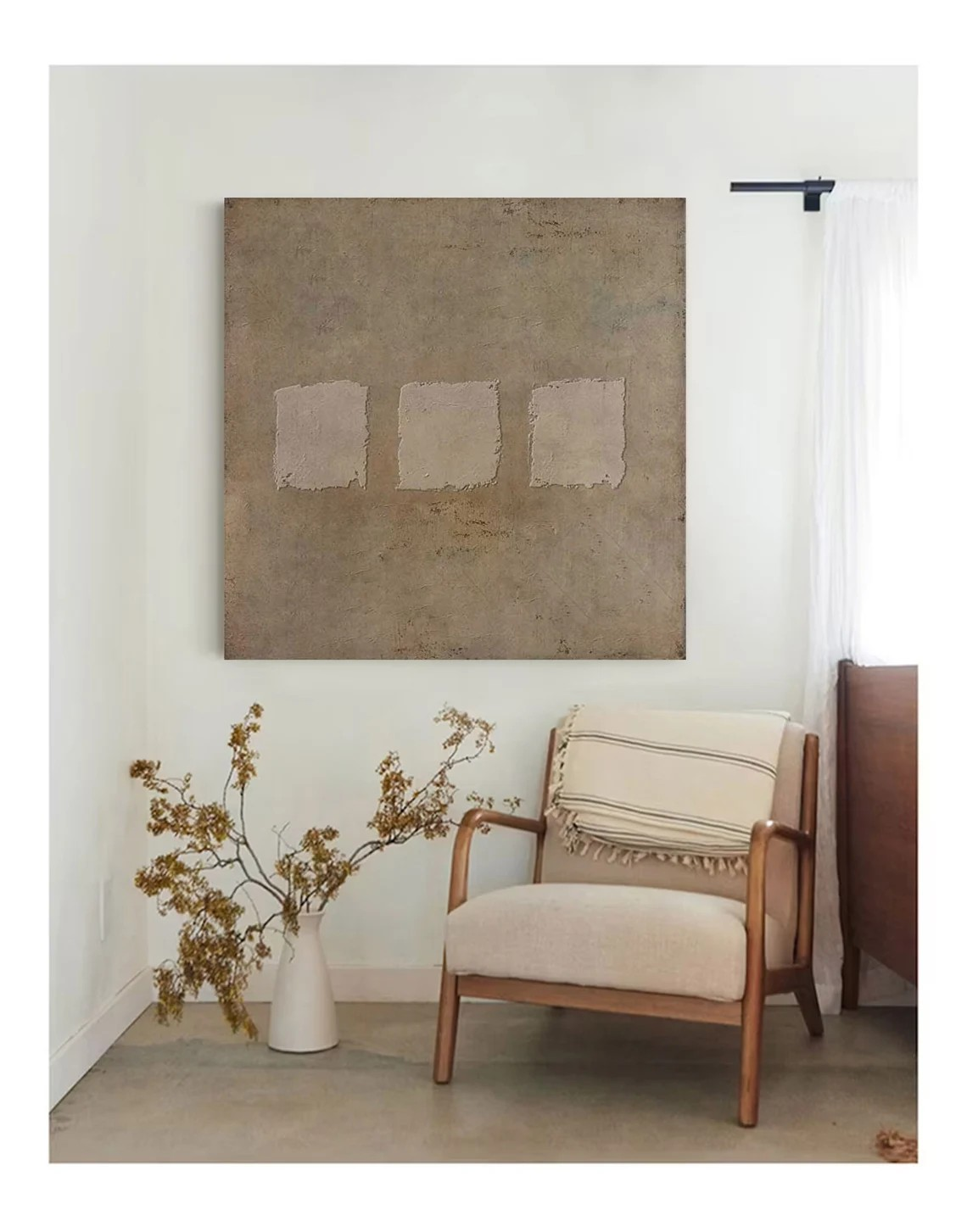 Calm Beige Abstract Oil Art - Textured Three Sections #JJ 014