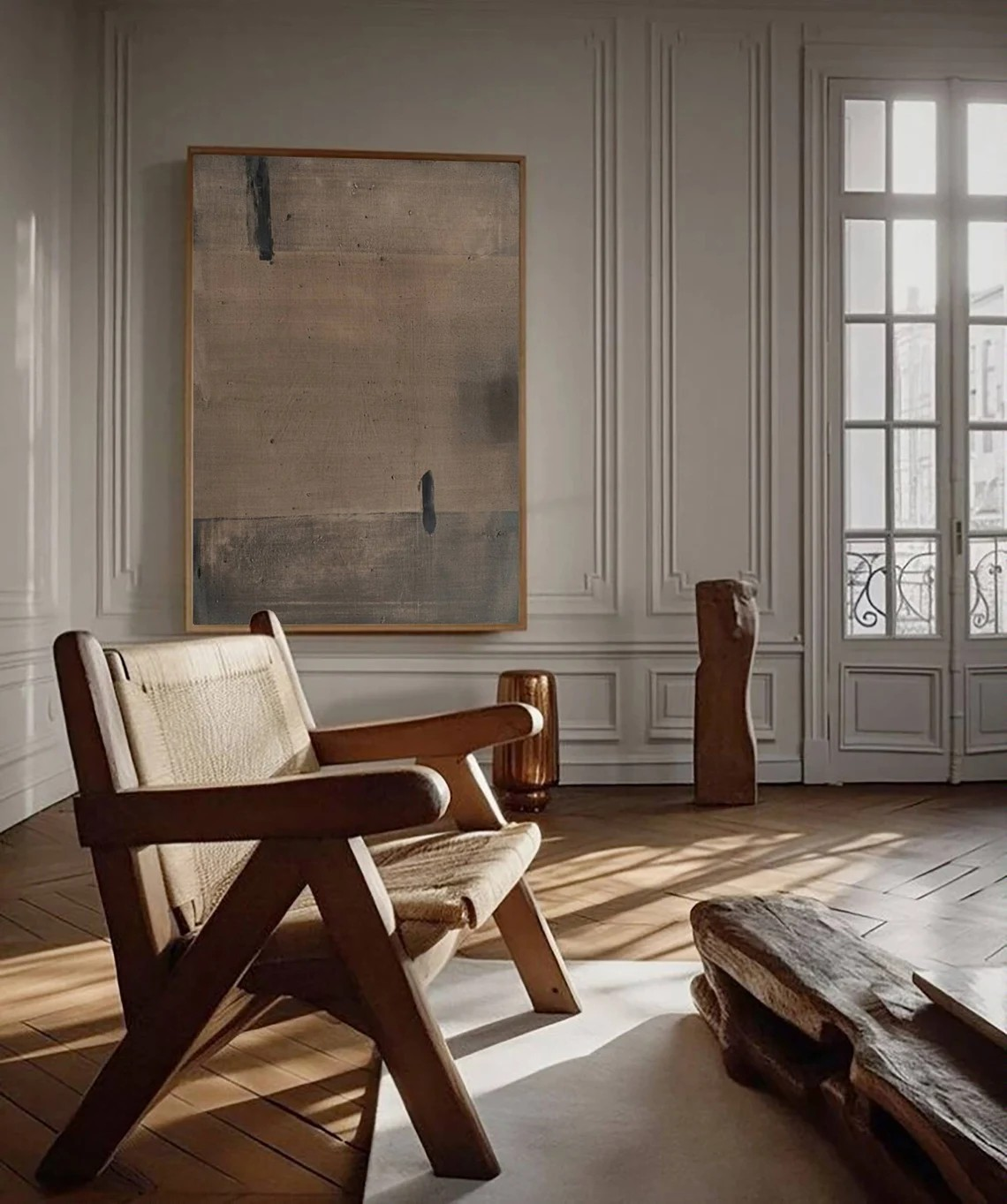 Minimalist Brown Abstract Oil Painting with Black Marks Wall Art#TC 040