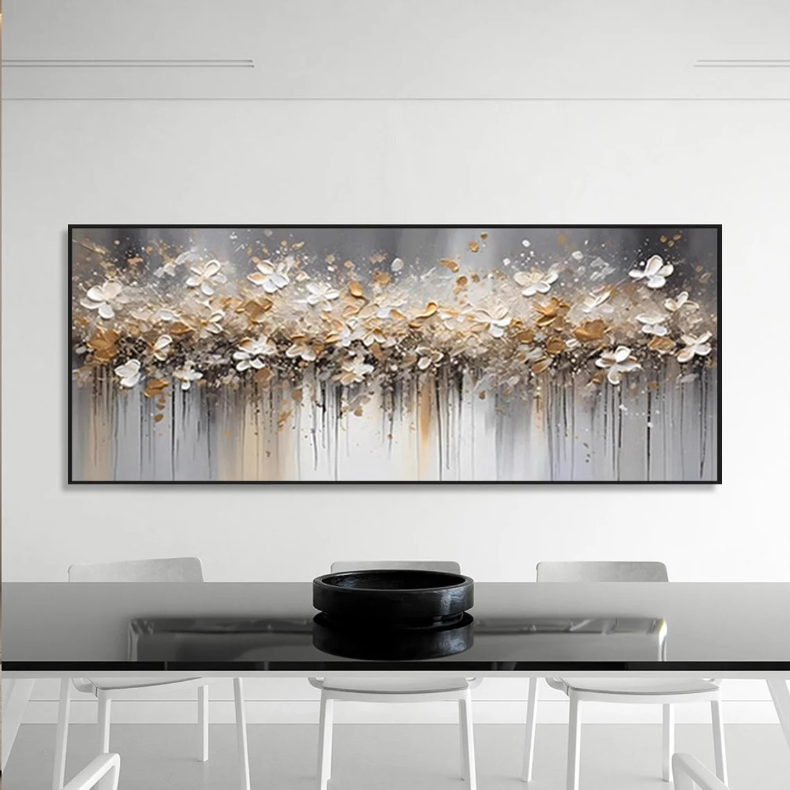 Modern Textured Floral Oil Painting - Gold & Beige Home Decor Art