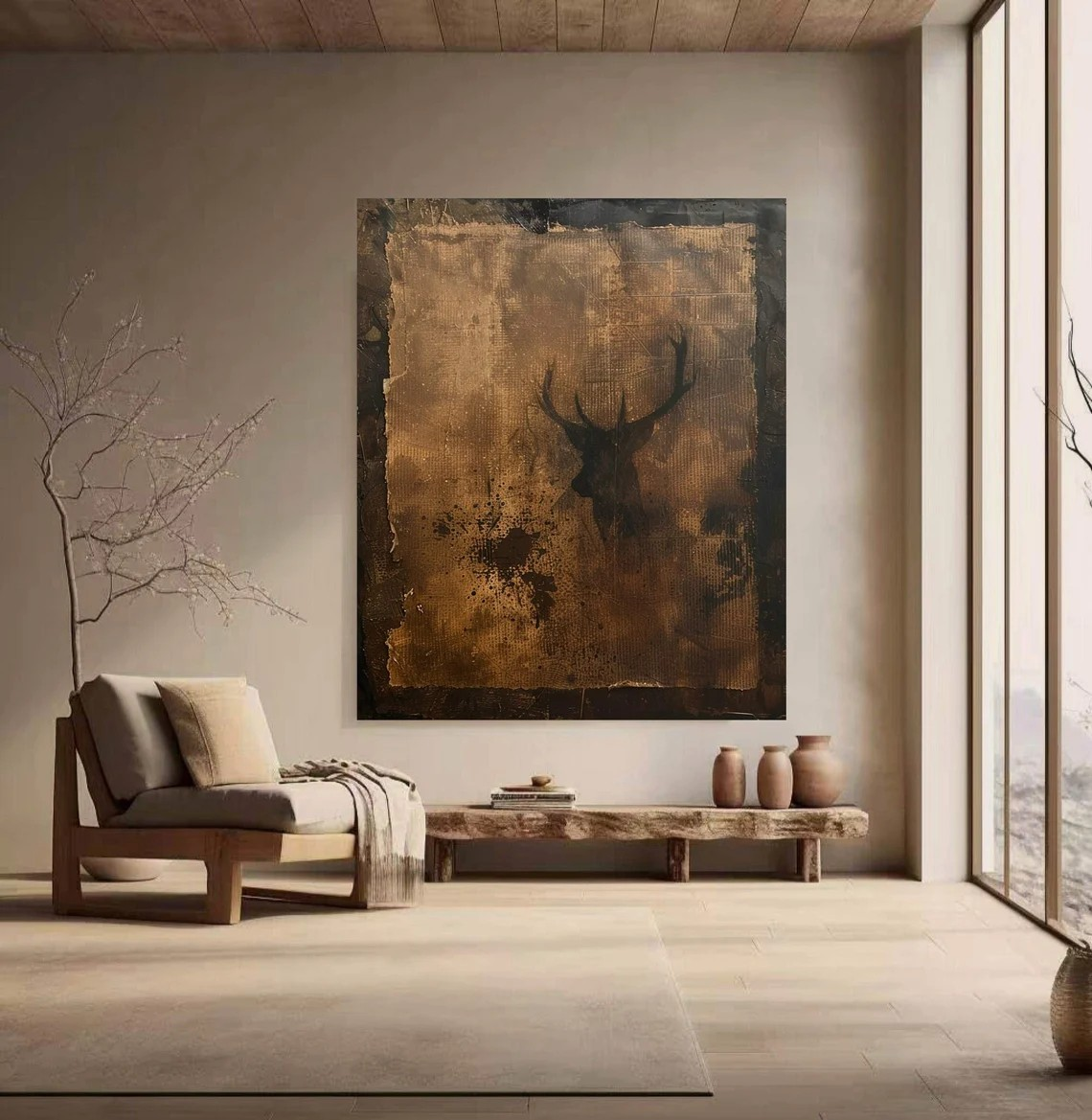 Textured Abstract Deer Silhouette Painting - Rustic Brown Tones