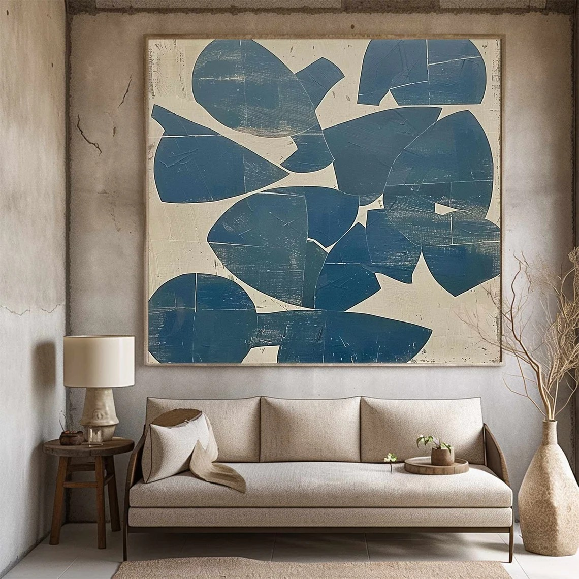 Abstract Blue Forms Oil Painting on Canvas - Modern Textured Wall Art Decor #JJ 002