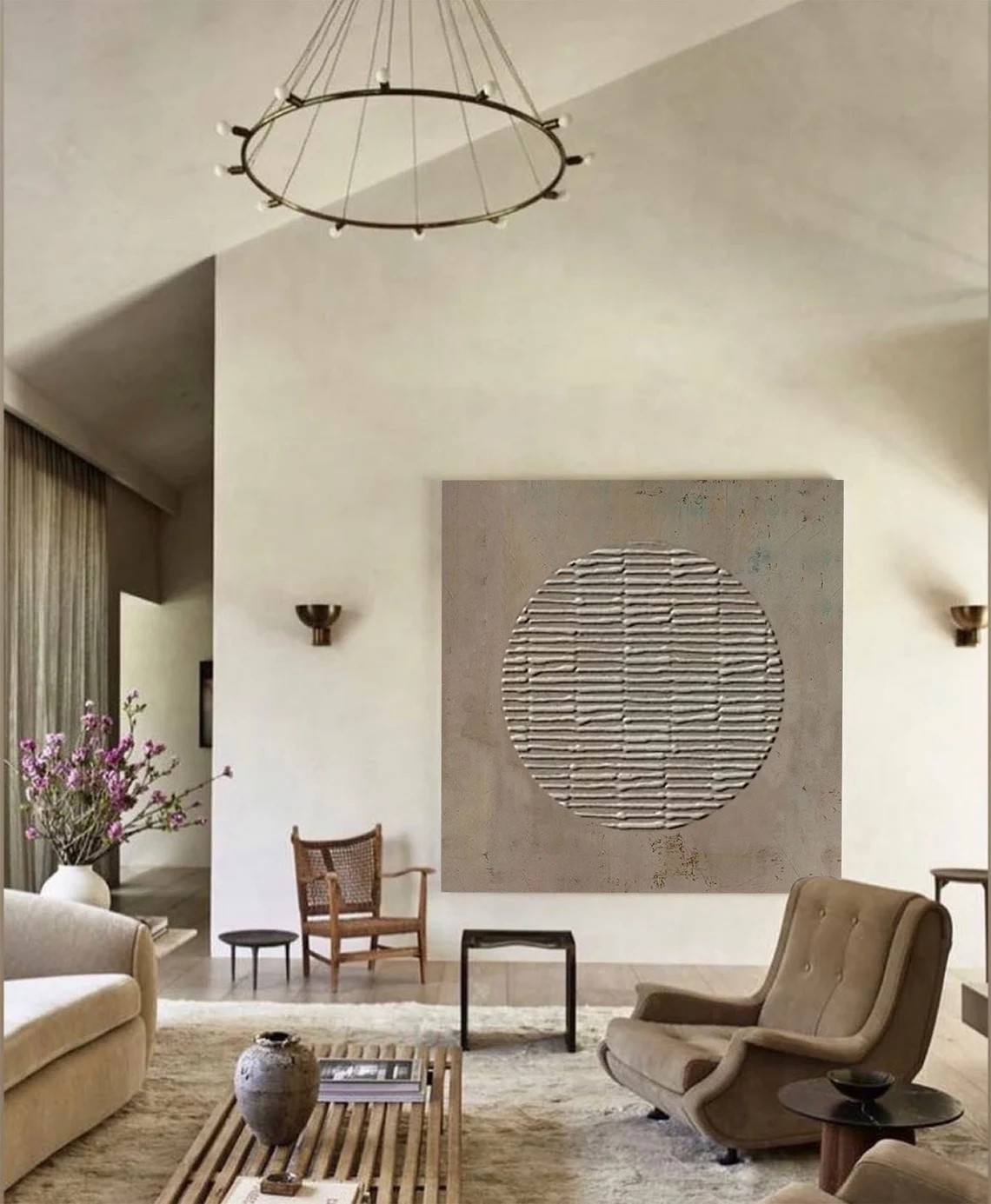 Minimalist Abstract Oil Painting with Textured Brown Circle